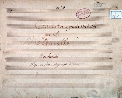 Erste Seite, signiert vom Autor der Partitur des Konzerts für Cello und Orchester in Es-Dur, von Luigi Boccherini von Luigi Boccherini