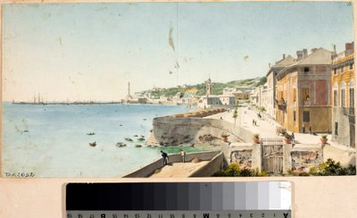 Ansicht des Hafens von Genua mit der Lanterna, dem Leuchtturm der Stadt, Bastionen und der Kirche San Teodoro von Luigi Garibbo