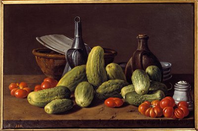 Stillleben: Gurken, Tomaten und Behälter von Luis Egidio Menendez or Melendez