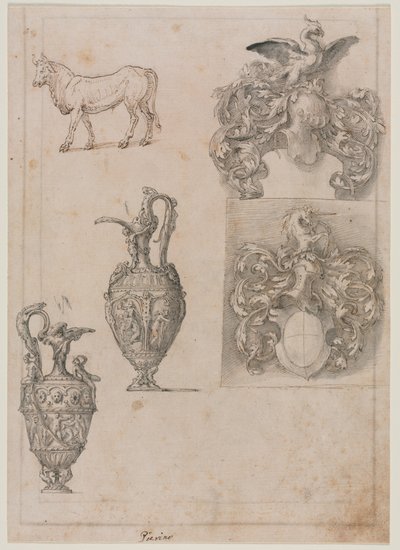Entwurf für zwei Vasen, zwei Wappen und einen Stier (recto) von Luzio Romano
