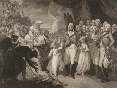 Der Marquis Cornwallis empfängt die Geiselprinzen, Söhne von Tippoo Sultan von M. (after) Brown