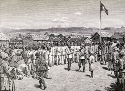Sir Henry Morton Stanley spricht zu rebellischen Offizieren in Kavalli, 1890 von M. Schonberg