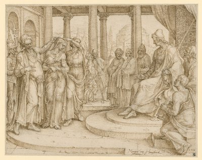 Du sollst nicht falsch Zeugnis reden wider deinen Nächsten. Susanna vor dem Richter, Vorzeichnung für Blatt 8 der "Zehn Gebote" von Maarten van Heemskerck