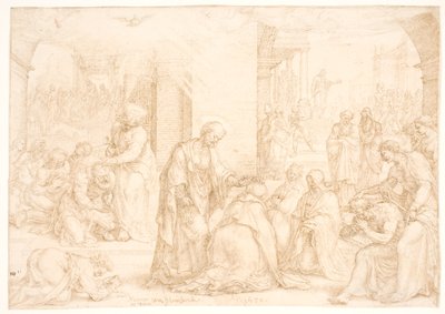 Philipp, Peter und Johannes verleihen den getauften Männern und Frauen in Samaria den Heiligen Geist durch Handauflegung von Maarten van Heemskerck