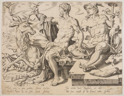 Naphtali mit einem Hirsch und einer zerbrochenen Statue des Merkur, aus der Serie Die zwölf Patriarchen, Gravur von Dirk Volkertsz Coornhert von Maarten van Heemskerck