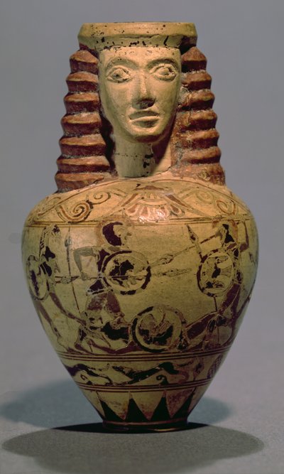Proto-korinthischer Aryballos mit einem menschlichen Kopf, dekoriert mit einer Kampfszene, ca. 640 v. Chr. von Macmillan Painter