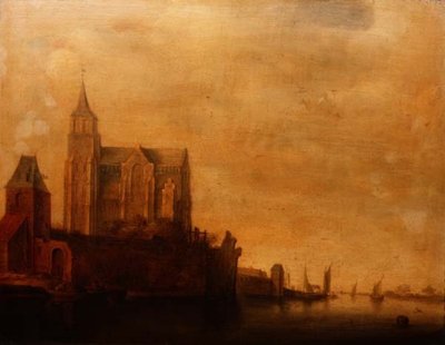 Groote Kerk mit Blick auf den Hauptturm, Emmerich in einer Flusslandschaft mit Segelbooten von Maerten Fransz van der Hulst