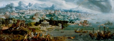 Panorama mit der Entführung der Helena inmitten der Wunder der antiken Welt von Maerten van Heemskerck