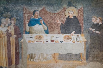 Das Wunder des heiligen Guido: der gesegnete Abt verwandelt Wasser in Wein vor Gebeardo, dem Erzbischof von Ravenna (Fresko) von Maestro di Tolentino (attr.to)
