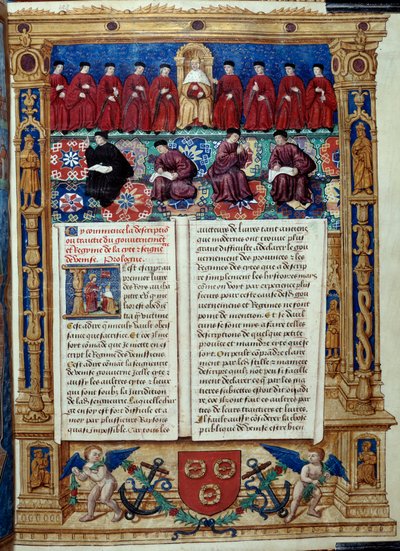 Der Rat der Zehn Der Doge ist in der Mitte. Seite aus einer Beschreibung oder befasst sich mit der Regierung und dem Regime der Stadt und Herrschaft Venedig, realisiert von Admiral Louis Malet de Graville, illuminiert vom Meister von Philip de Geldre (16.  von Maitre de Philippe de Gueldre