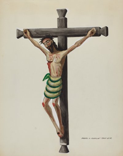 Cristo, geschnitzt und bemalt, auf schwarzem geschnitztem Holzkreuz von Majel G. Claflin
