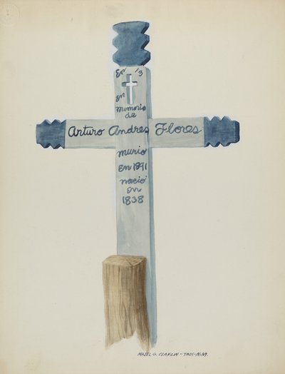 Handgefertigtes und bemaltes Holzkreuz - Grabstein, ca. 1937 von Majel G. Claflin