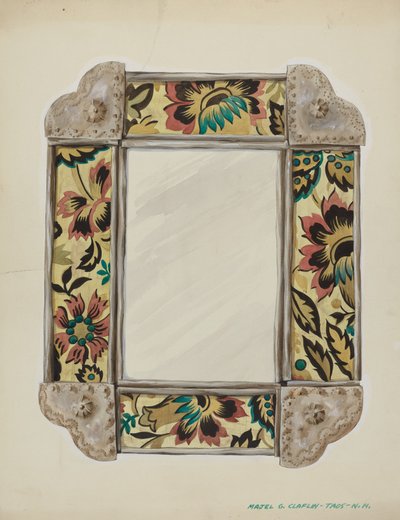 Spiegel, gerahmt mit Tapetenpaneelen, eingefasst in Zinn, ca. 1938 von Majel G. Claflin
