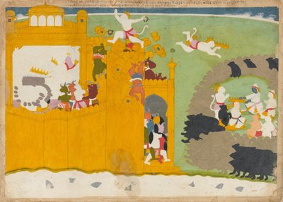 Der Affenführer Angada stiehlt Ravanas Krone aus seiner Festung, ca. 1725 von Manaku