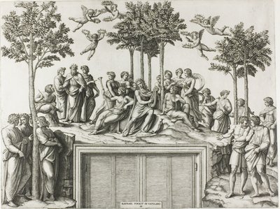 Apollo auf dem Parnass, umgeben von den Musen und Dichtern von Marcantonio Raimondi