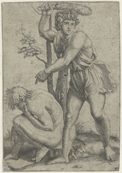 Hockender nackter Mann, geschlagen von einem Mann mit Fuchsschwanz von Marcantonio Raimondi