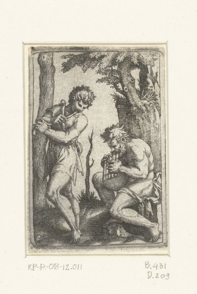 Junger Hirte mit Schalmei und alter Hirte mit Panflöte von Marcantonio Raimondi