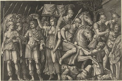Kaiser Trajan von Victoria gekrönt, steht neben weiblicher Personifikation von Rom und Römer im Kampf mit Daciern von Marcantonio Raimondi