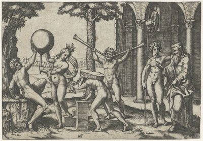 Mann mit zwei Trompeten und Mann mit Stein auf dem Rücken flankiert von Mann und Frau mit Globus und alter und junger Mann von Marcantonio Raimondi