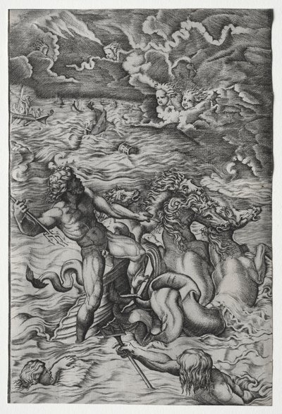 Neptun beruhigt den Sturm, den Aeolus gegen die Flotte des Aeneas entfesselte von Marcantonio Raimondi
