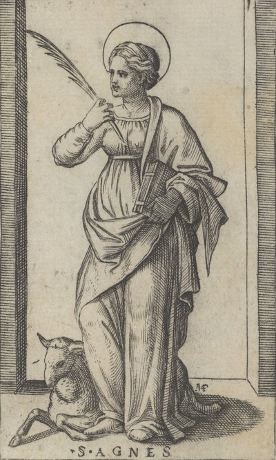 Heilige Agnes, die eine Palme in ihrer rechten Hand hält, ein Schaf unten links, ca. 1500-1527 von Marcantonio Raimondi