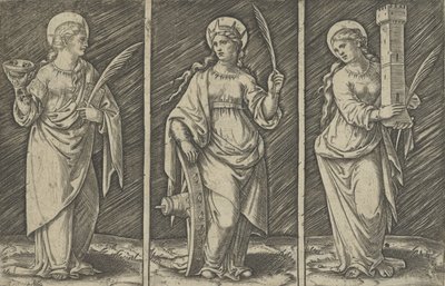 Heilige Barbara links, Heilige Katharina Mitte, Heilige Lucia rechts, ca. 1500-1527 von Marcantonio Raimondi