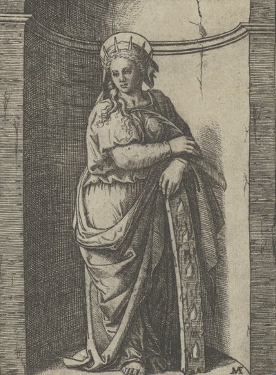 Heilige Katharina, die in einer Nische steht und sich auf ein Rad stützt, ihr Folterinstrument von Marcantonio Raimondi