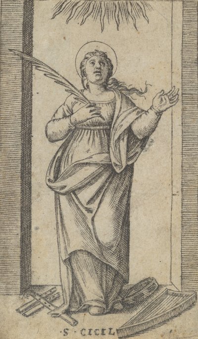 Heilige Cäcilia, stehend, hält eine Märtyrerpalme in ihrer rechten Hand von Marcantonio Raimondi