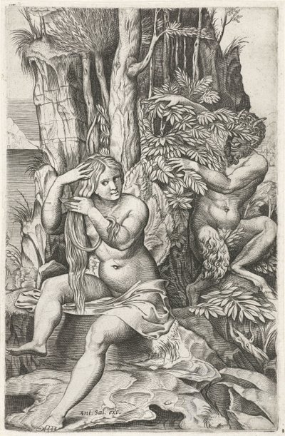 Satyr beobachtet eine Nymphe bei ihrer Toilette von Marcantonio Raimondi