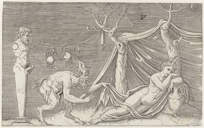 Satyr schleicht sich an schlafende Nymphe heran (Mythologische Darstellungen nach alten Basreliefs) von Marcantonio Raimondi