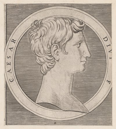 Speculum Romanae Magnificentiae: Octavian Augustus, aus Die Zwölf Cäsaren, ca. 1500-1534 von Marcantonio Raimondi