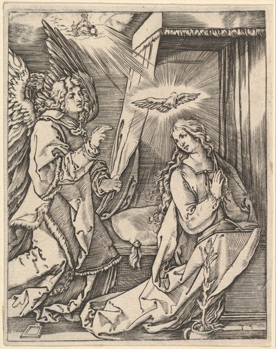 Die Verkündigung, links nähert sich der Erzengel Gabriel der betenden Jungfrau..., ca. 1500-1534 von Marcantonio Raimondi