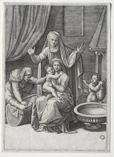 Die Jungfrau und die Wiege mit der heiligen Elisabeth und der heiligen Anna von Marcantonio Raimondi