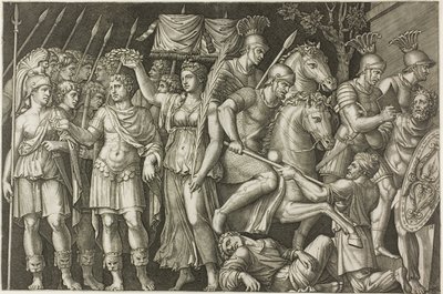 Trajan von der Siegesgöttin gekrönt von Marcantonio Raimondi