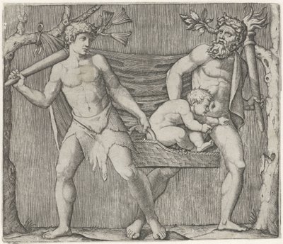 Zwei Faune tragen ein Kind in einem Korb von Marcantonio Raimondi