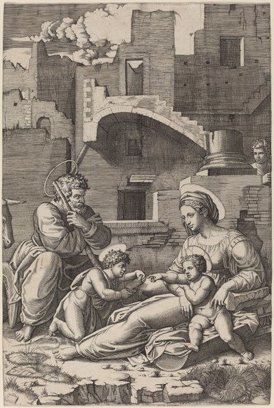 Die Heilige Familie mit dem jungen Johannes dem Täufer (Die Madonna des langen Oberschenkels) von Marcantonio Raimondi after Raphael