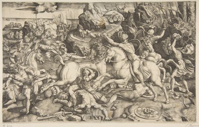 Kampfszene in einer Landschaft mit Soldaten zu Pferd und mehreren gefallenen Männern, ein weiterer..., ca. 1520 von Marco Dente