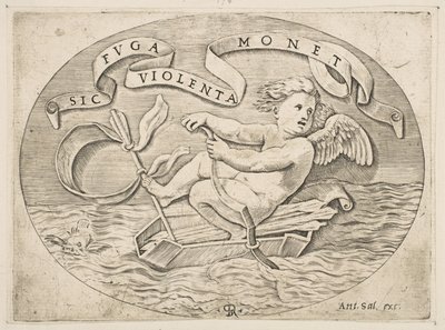 Eros flieht über das Meer, Amor benutzt seinen Bogen, um ein Boot aus seinem Köcher anzutreiben, ca. 1515-27 von Marco Dente