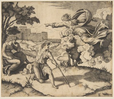 Gott erscheint Isaak, Gott schwebt in den Wolken und zeigt auf Rebekka, die unter..., ca. 1515-27 von Marco Dente