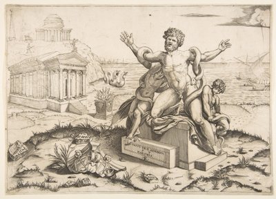 Laokoon und seine zwei Söhne werden von Schlangen auf einem Sockel angegriffen, ein Tempel zu Mi..., ca. 1515-27 von Marco Dente