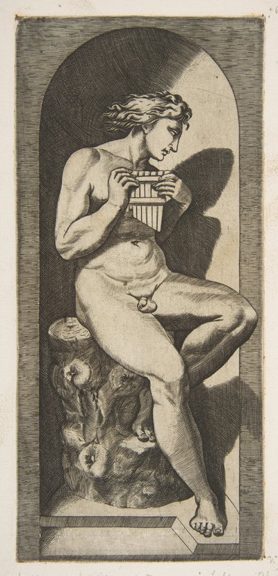 Olympus nackt, auf einem Baumstumpf sitzend und Pfeifen haltend, in einer Nische, ca. 1515-27 von Marco Dente
