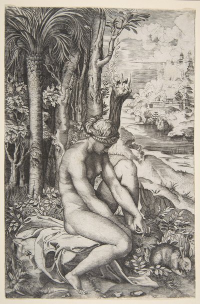 Venus entfernt einen Dorn aus ihrem linken Fuß, während sie auf einem Tuch neben Bäumen sitzt, ca. 1515-27 von Marco Dente
