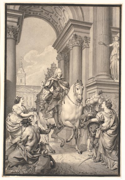Vorarbeit zum Gemälde: Dänemark und Norwegen huldigen Chr. VI (verbrannt mit Christiansborg 1794) von Marcus Tuscher