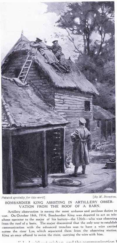 Bombadier King bei der Artilleriebeobachtung vom Dach einer Scheune über den Fluss Lys Oktober 1914 von Margaret Dovaston