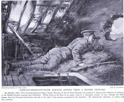 Company Sergeant Major Barwick schießt aus einer zerstörten Hütte in Ghehuvelt im Oktober 1914 von Margaret Dovaston