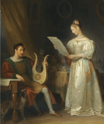 Innenraum mit einem Mann, der eine Lyra hält, und einer Frau mit einer Musikpartitur von Marguerite Gerard