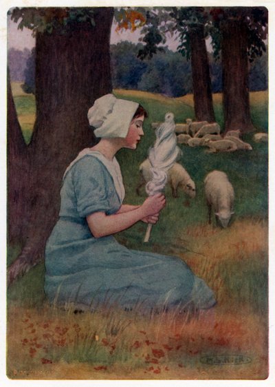 Chaucers Canterbury Geschichten: "Ihre Herden hütend und gleichzeitig fleißig spinnend" (Farblithographie) von Maria Louise Kirk