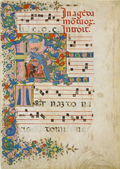 Manuskriptblatt mit einem Trauerzug in einem Initial R, aus einem Graduale, zweite Hälfte des 15. Jahrhunderts von Mariano del Buono