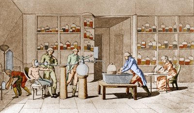 Antoine Laurent de Lavoisier (1743-1794), französischer Chemiker, führt ein Experiment zur Atmung des ruhenden Menschen durch. Nach einer Zeichnung von Mme Lavoisier. Paris 18. Jahrhundert. Leemage-Sammlung von Marie Anne Pierrette Lavoisier