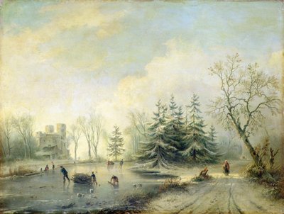 Bäume, Schloss und Schlittschuhläufer von Marinus Adrianus Koekkoek